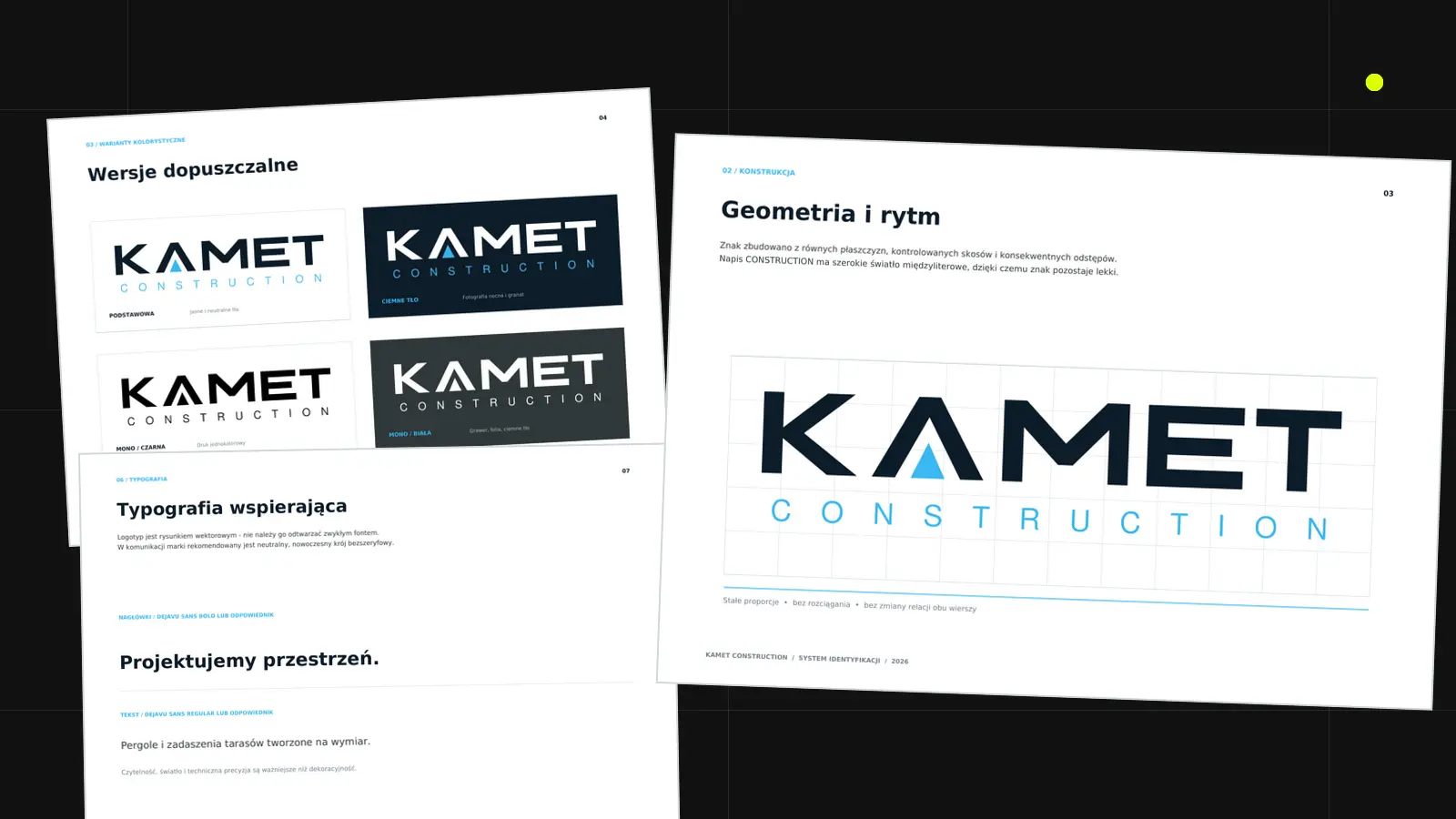Wizualizacja procesu brandingu: warianty logo, geometria znaku i typografia KAMET Construction